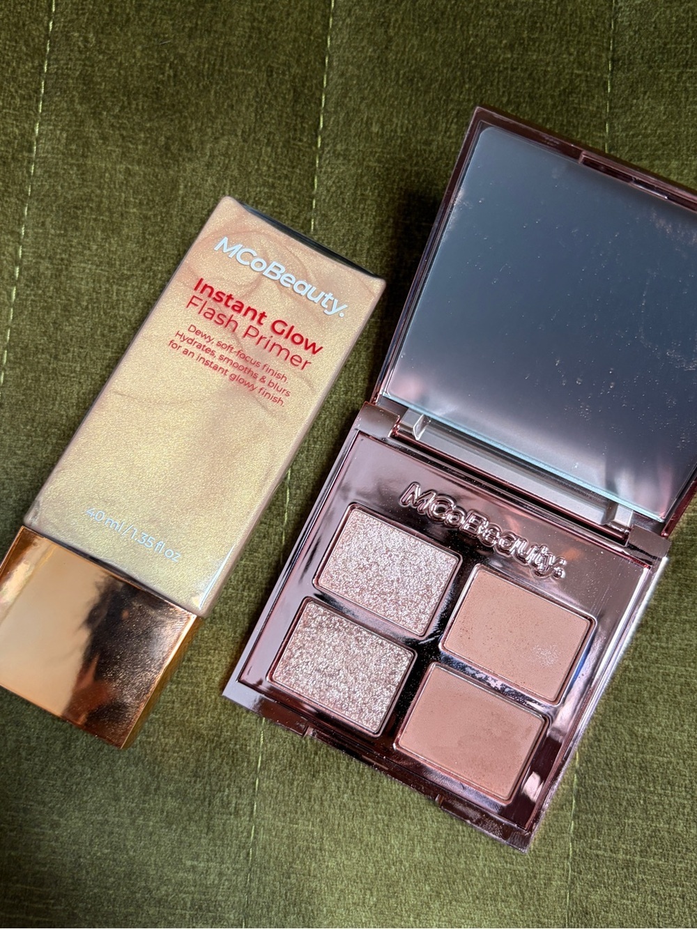 MCoBeauty Instant Glow Flash Primer & luxe collection eyeshadow quad cheeky chat
